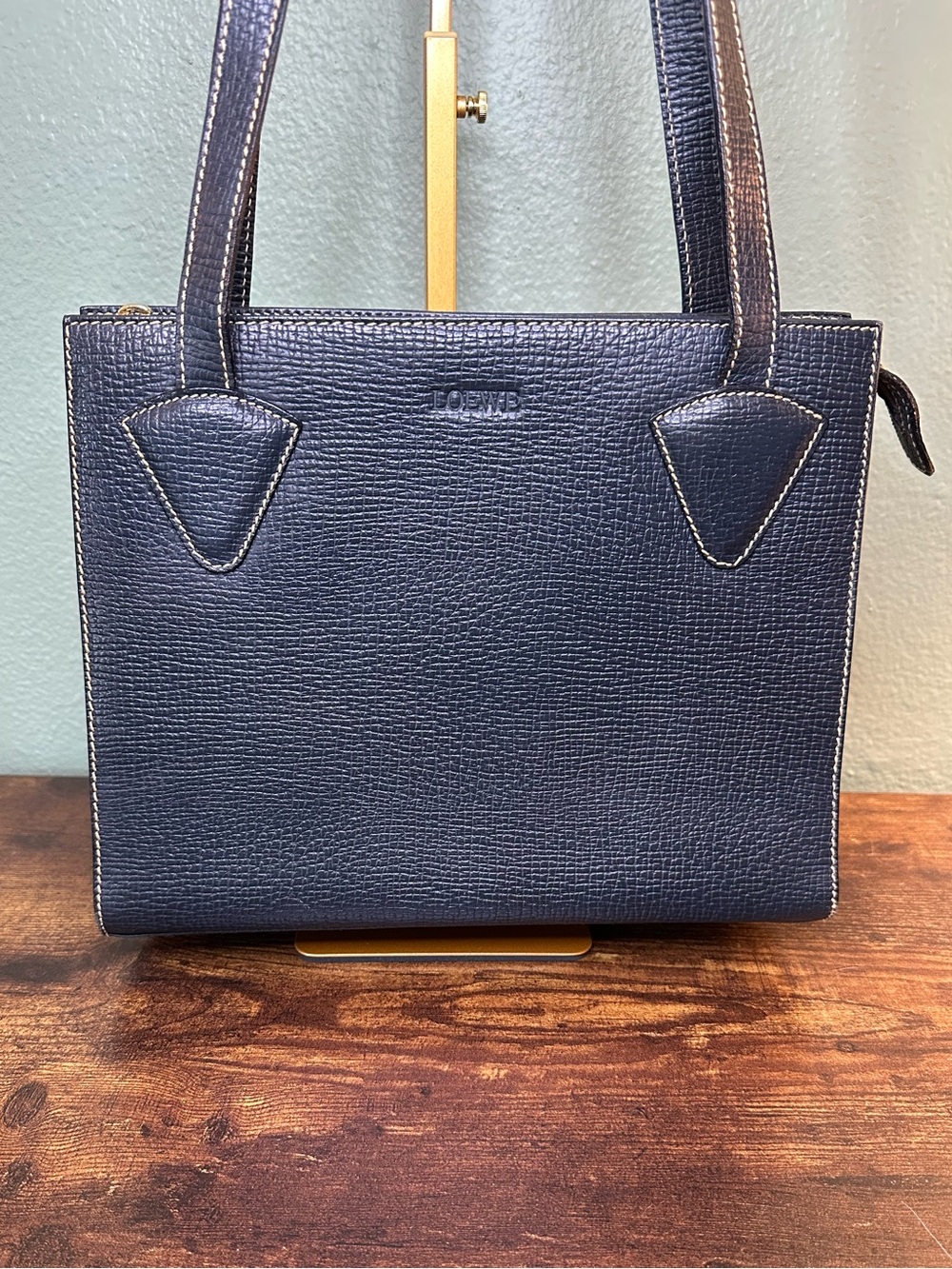 Vintage LOEWE Navy Pebbled Leather Shoulder Tote | Made in Italy